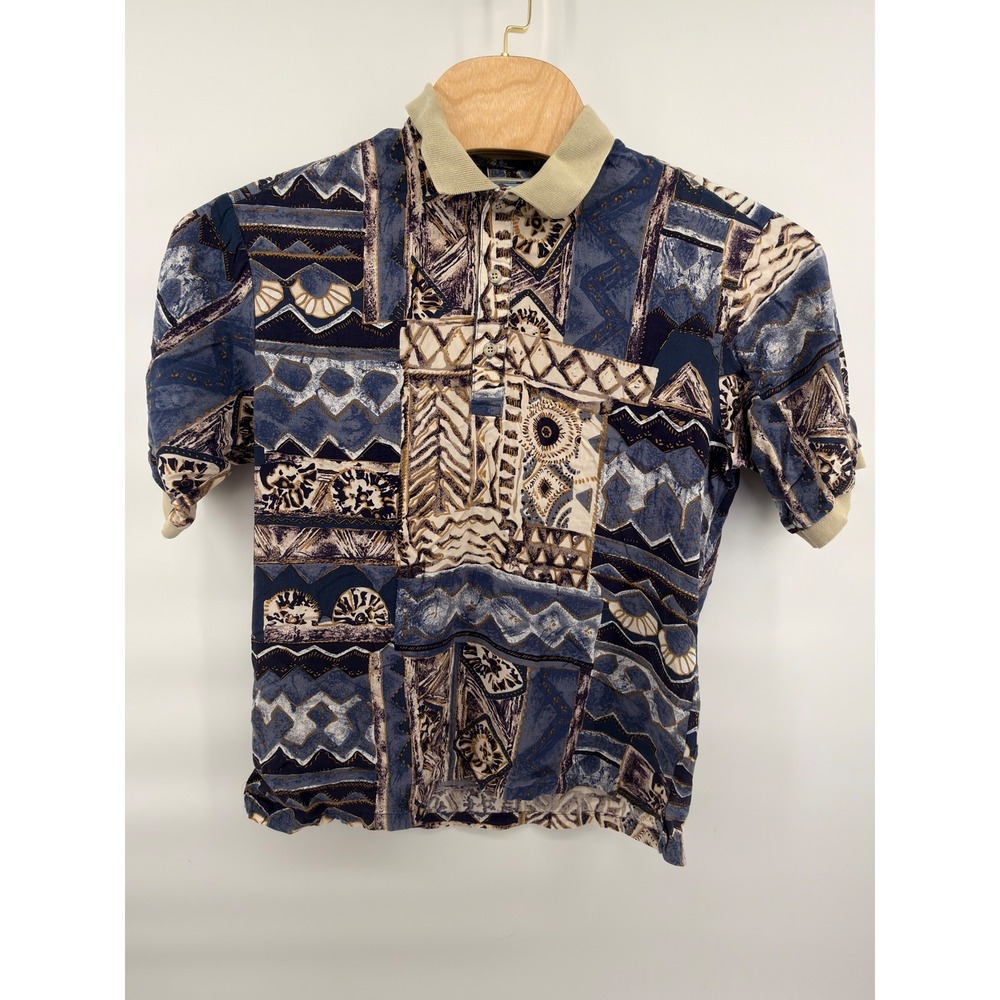 Vintage Cooke Street Hawaiian Polo Shirt Mens M Blue Abstract Rayon Made Hawaii